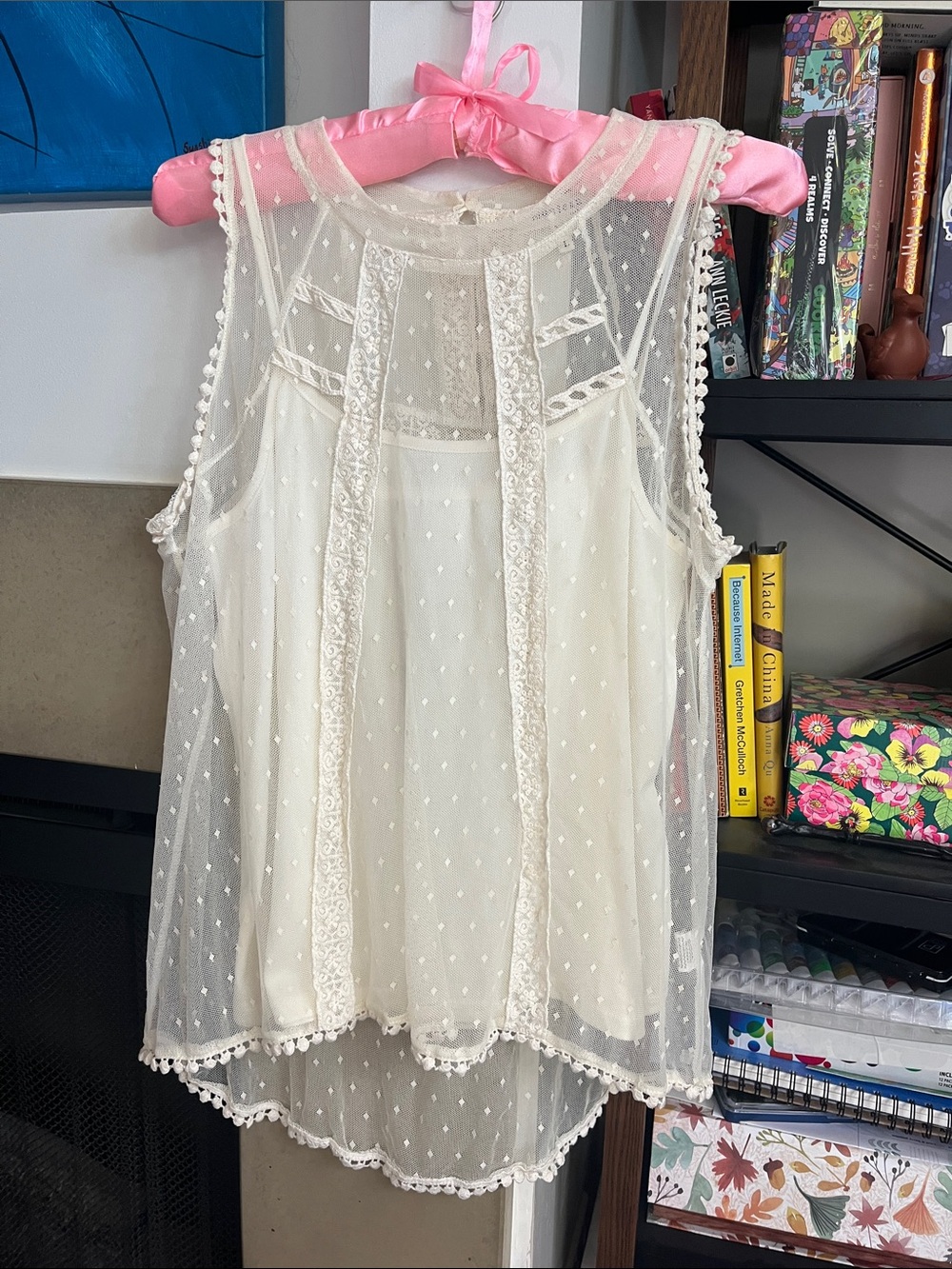Monteau Romantic Cream Sheer Overlay Sleeveless Top
